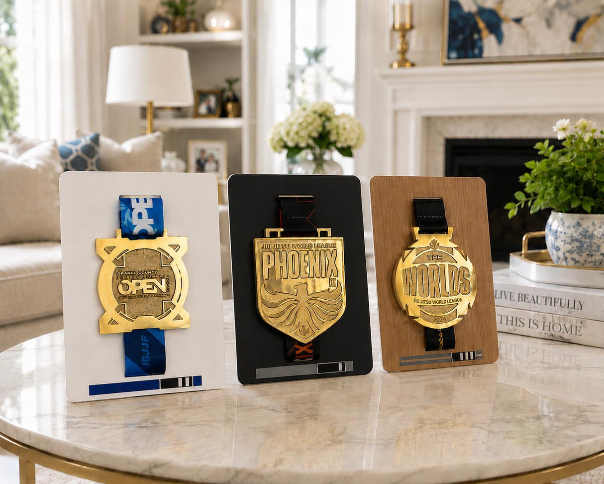 Personalized Jiu Jitsu Medal Display |  Desktop Stand | Wall Mount | belt color / stripes | Judo | Wrestling
